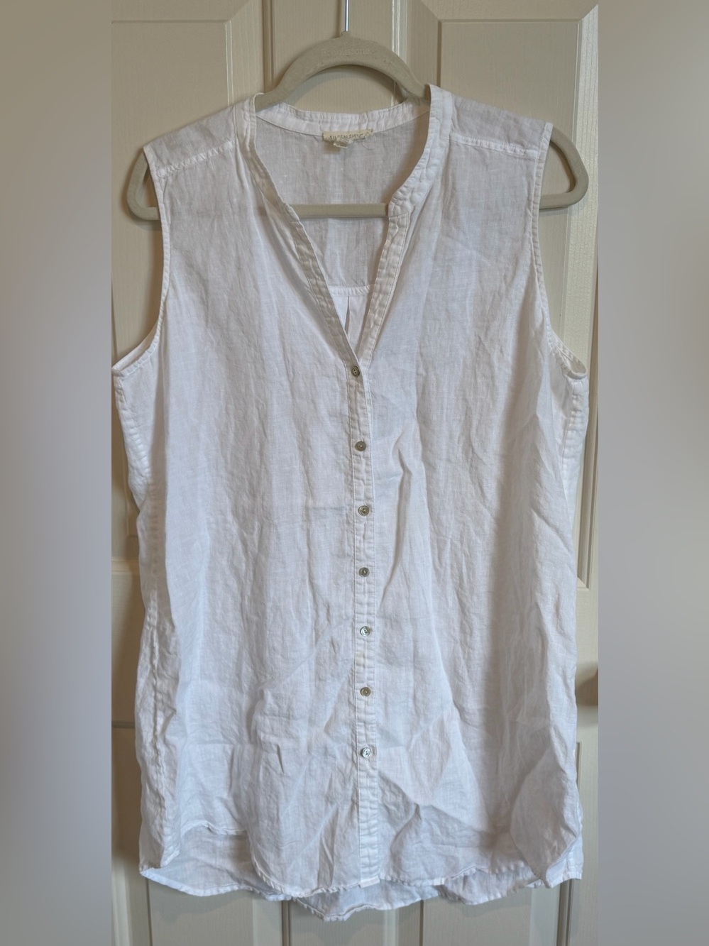 Eileen Fisher Handkerchief Linen White Button-Front Sleeveless Tunic Size M